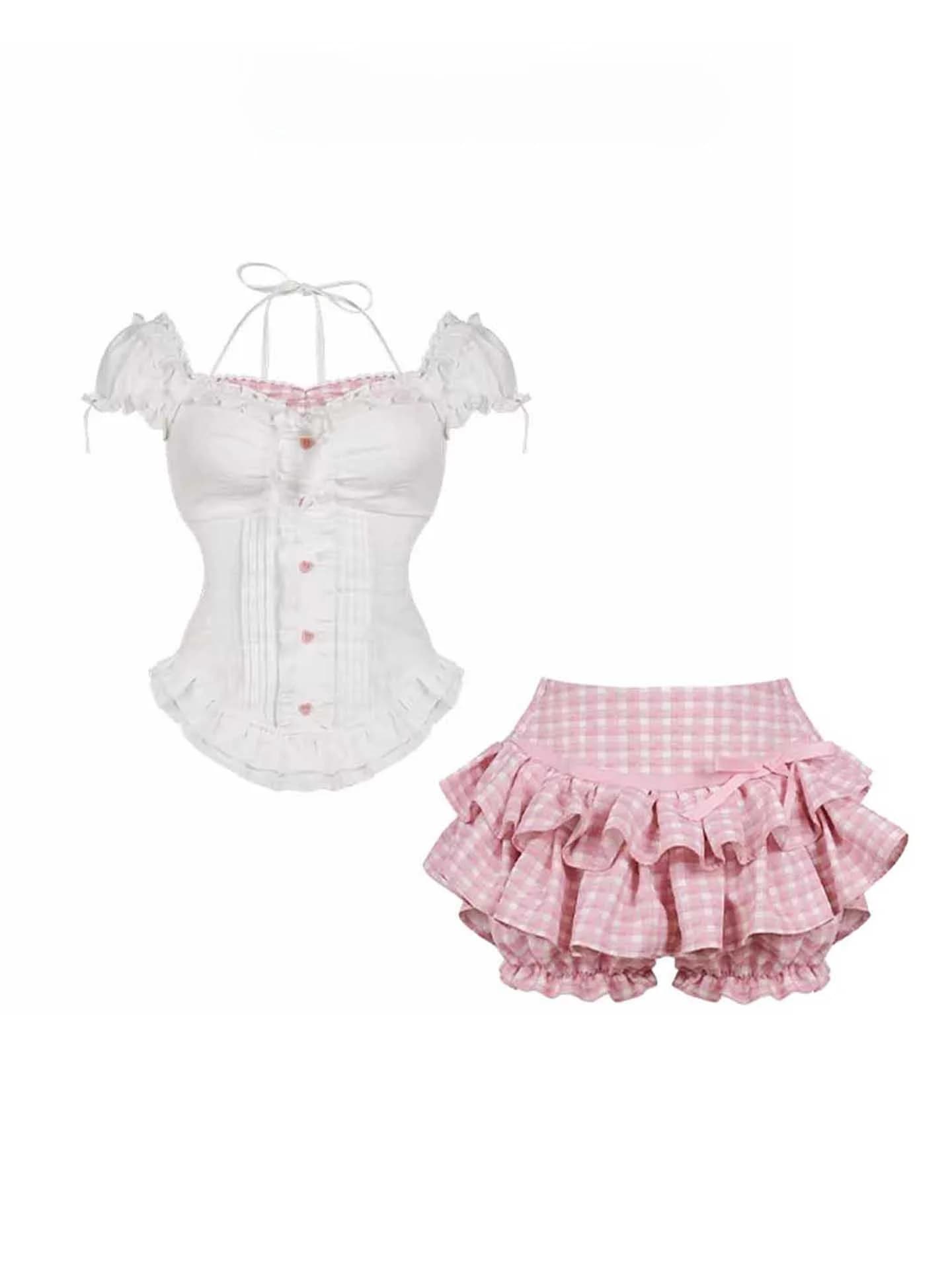 Sweet School Uniform Style Girls Summer Outfit White Shirt Top Pink Cake Skirt Two Piece Set Bubble Sleeve High Waist Shorts