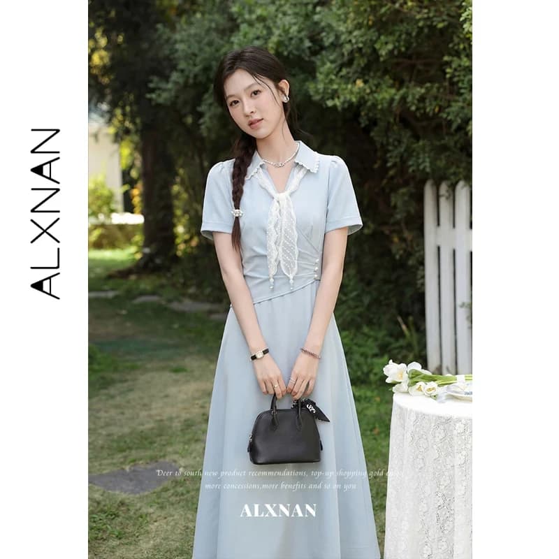 ALXNAN Polo Neck Long Dress Lace Lapel Faux Two-piece Dress 2026 Summer Elegant Waist Pearl Buttons with Lace Scarf DYL662673