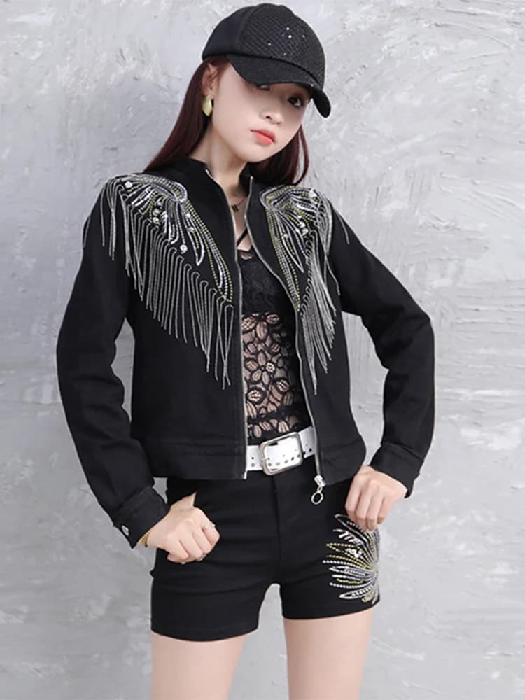 Women's Heavy Duty Denim Set Long Sleeve Jacket And Shorts Two Piece Suit Fashionable Rivet Tassel Sequin Trendy Spring Casual