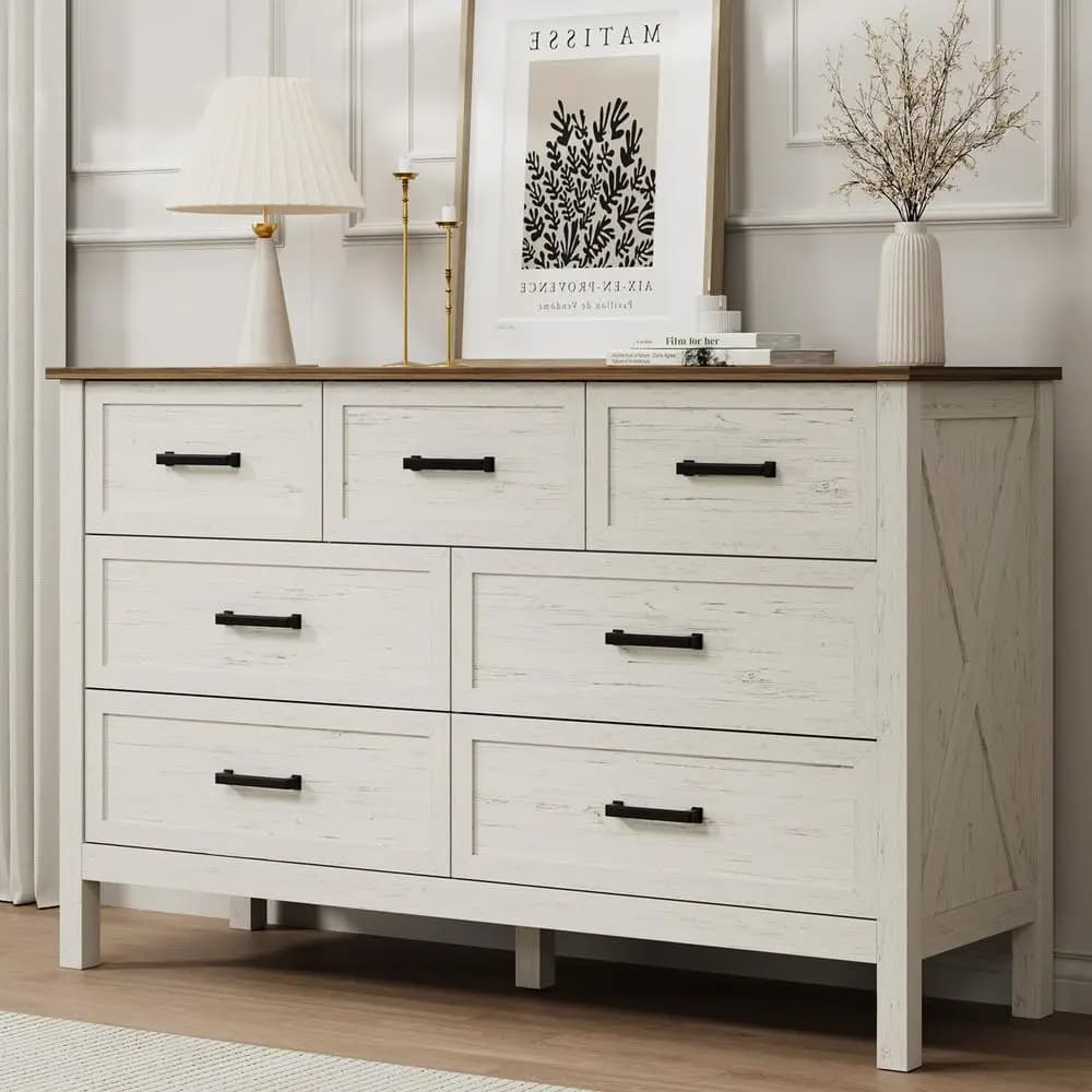 Farmhouse 7 Drawers Dresser for Bedroom, Wood Rustic Wide Chest of Drawers with Deep Drawers, Metal Handle, Storage Dressers Or