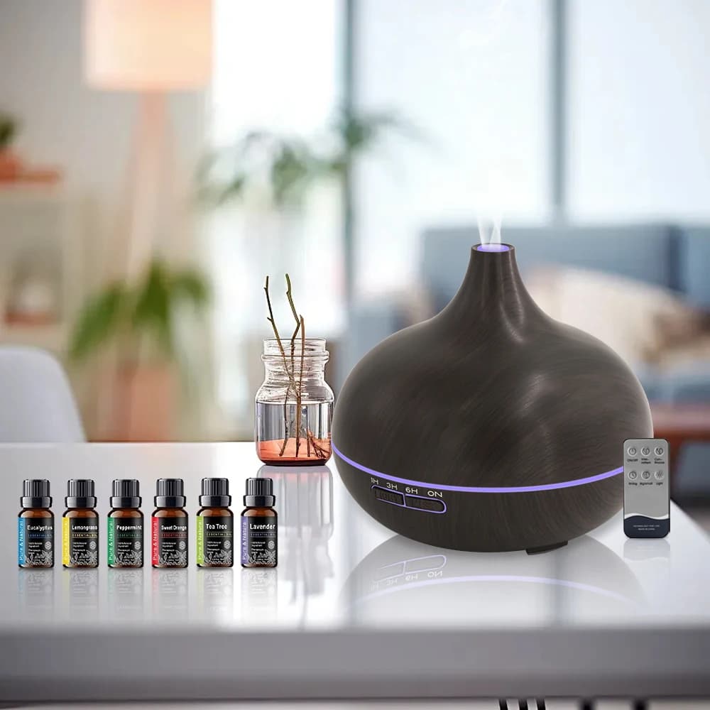 Diffusore di oli essenziali ad ultrasuoni con illuminazione ambientale a 7 colori Elegante umidificatore con finitura a venature del legno con telecomando e 6 oli