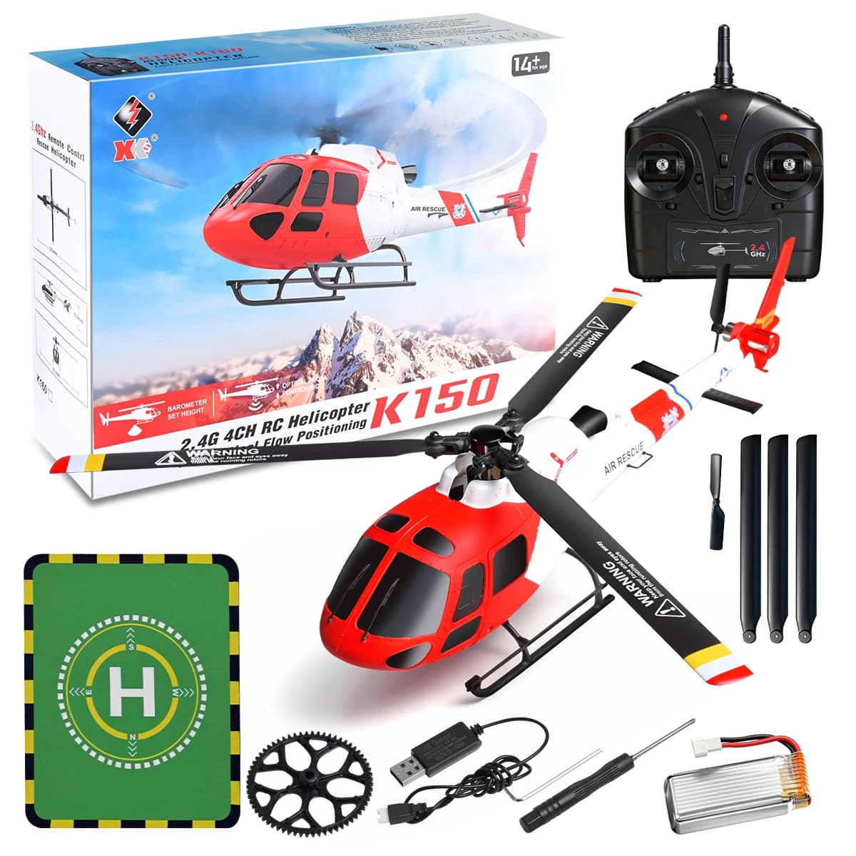 Elicottero RC K150 2.4G 4CH 6-Assi Flybarless AS350 per Soccorso Aereo con Mantenimento dell'Altitudine e Flusso Ottico, Modellino Giocattolo