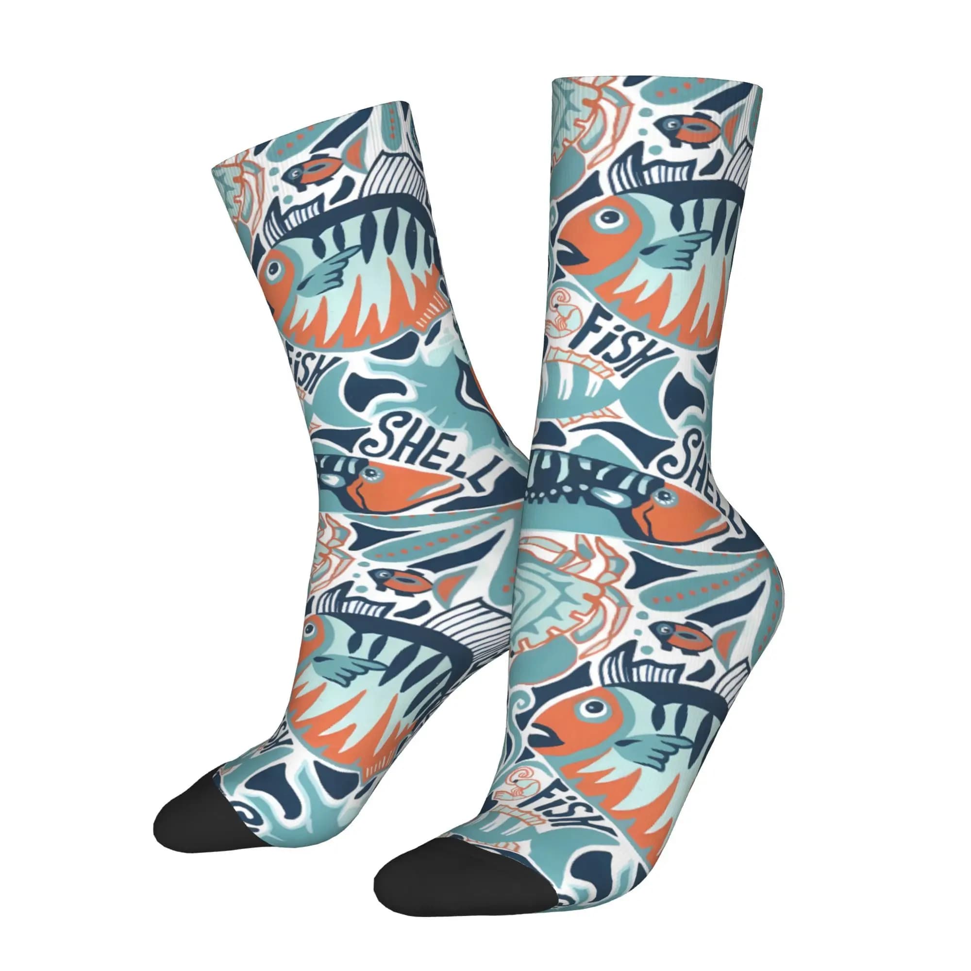 Funny Crazy Sock For Men Blue Fish Harajuku Printed Quality Model Socket for crew Seamless Gift