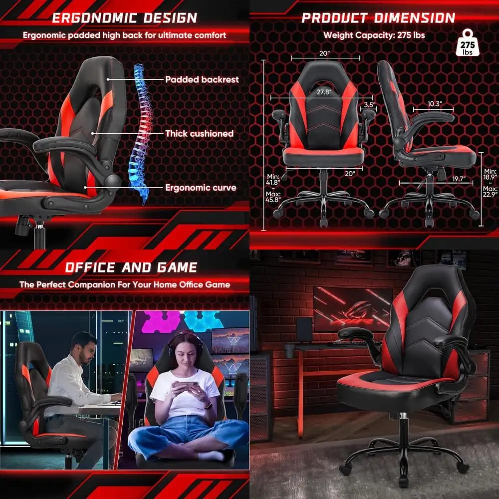 Sedia da gaming ergonomica per persone alte e robuste con supporto lombare, altezza regolabile, ruote girevoli, colore rosso