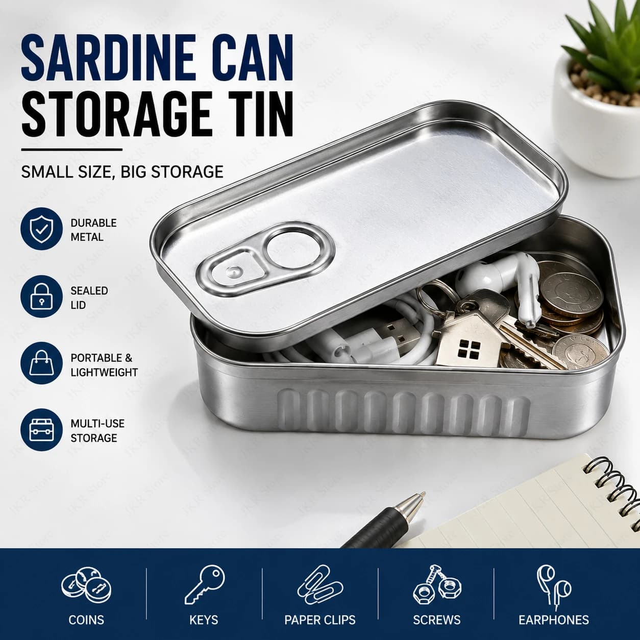 Sardine Can Style Storage Tin Box Portable Metal Container with Lid for Small Items Desk Organizer Jewelry Coin Holder