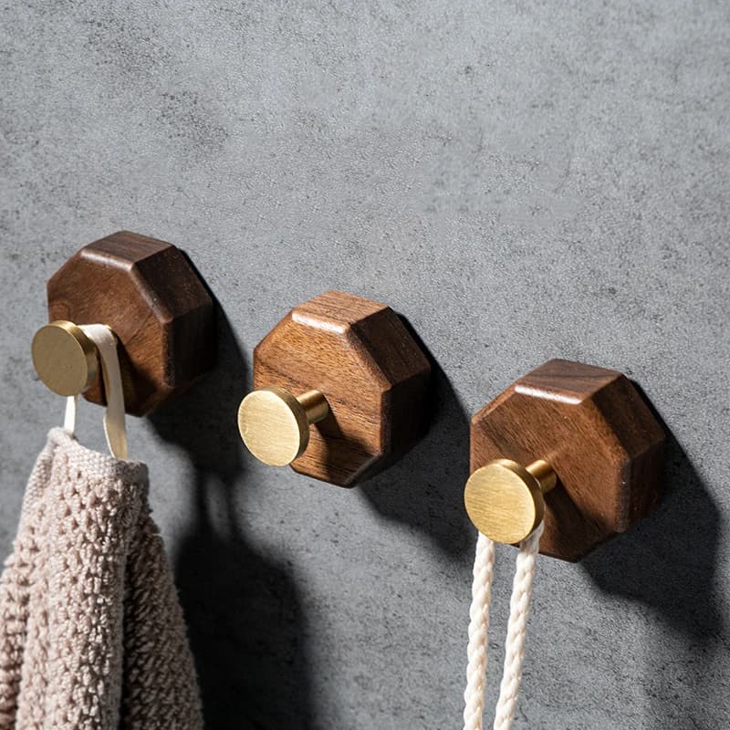 2/1 pz Gancio Adesivo in Legno di Noce e Ottone per Parete, Portachiavi da Porta, Appendiabiti da Bagno, Gancio Adesivo per Cappelli, Accessorio Organizzativo e Decorativo per Cucina