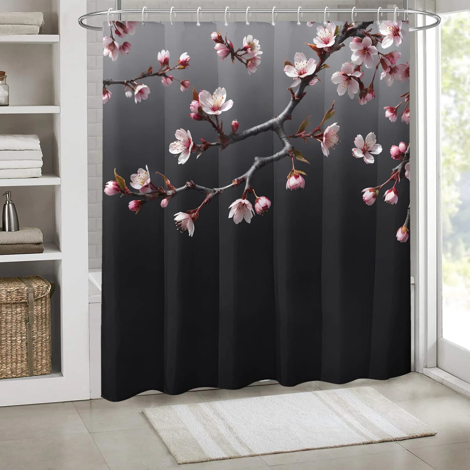 1pc gradient spade branch printed shower curtain, with hooks, polyester fabric, windows and walls, bathtub, bathroom home