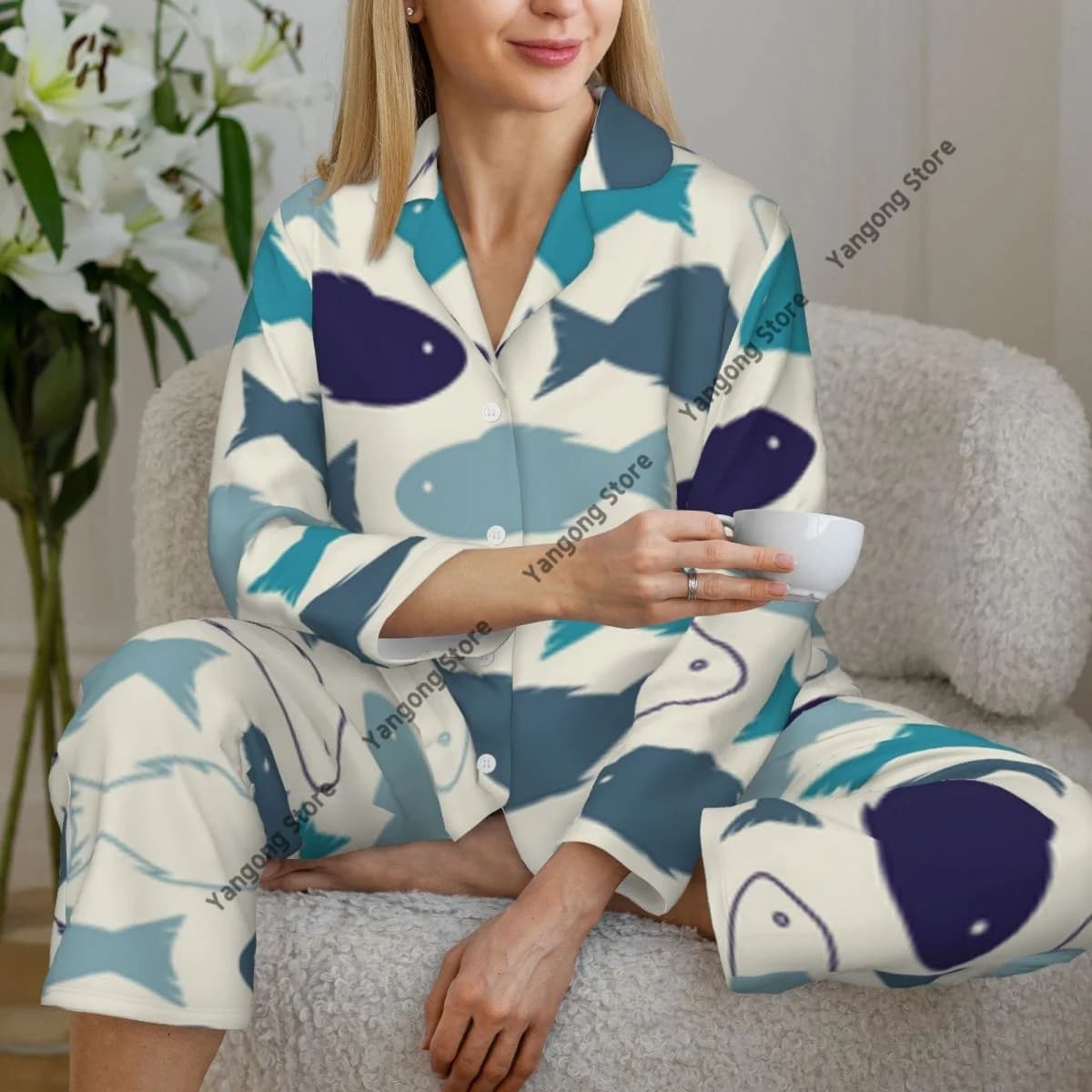 Set pigiama primaverile e autunnale Pantaloni a maniche lunghe da donna Set di arredamento per la casa in due pezzi con motivo a pesci