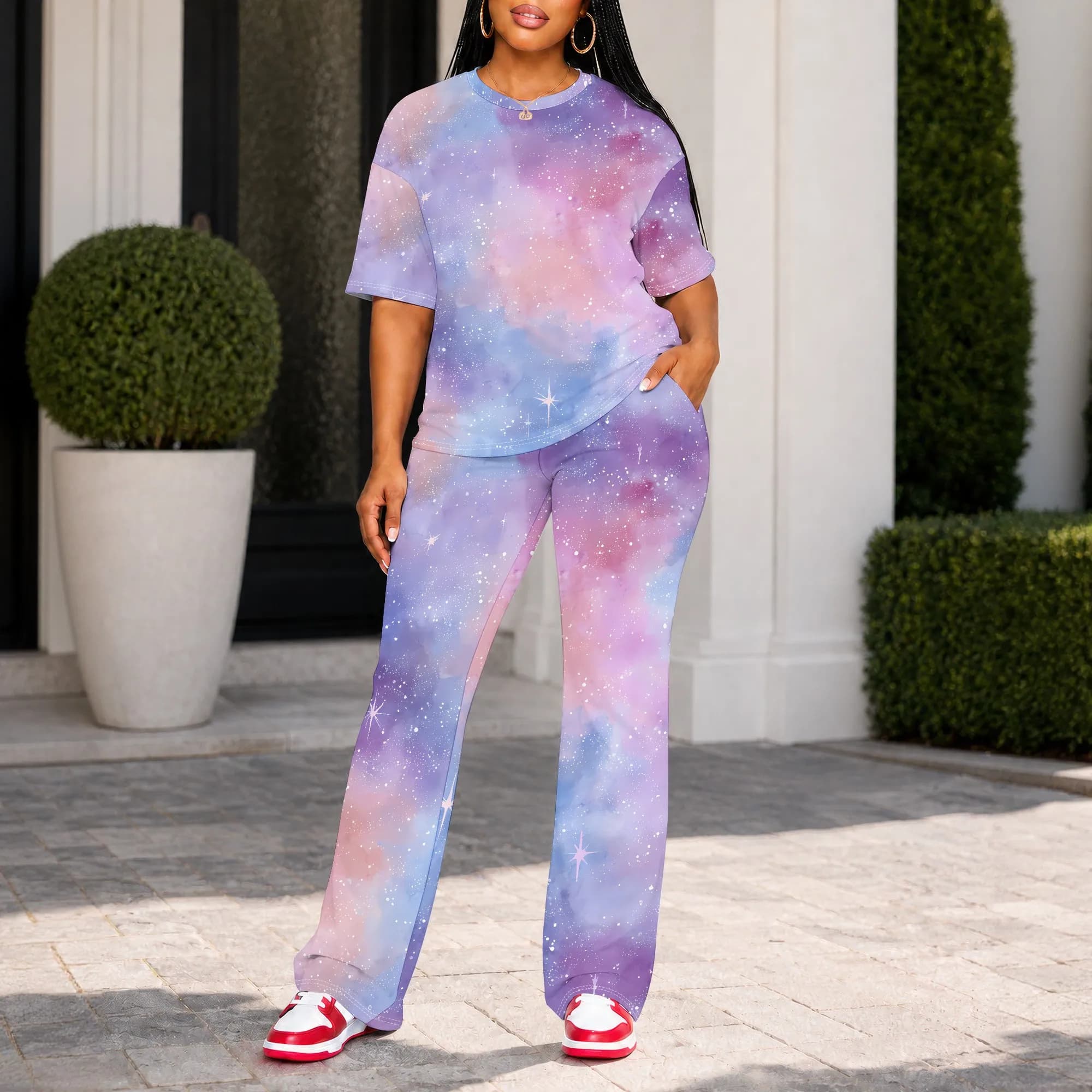 Galaxy Print Pajama Set Pastel Starry Night Sleepwear Colorful Space Lounge Wear Soft Short Sleeve Loungewear For Women