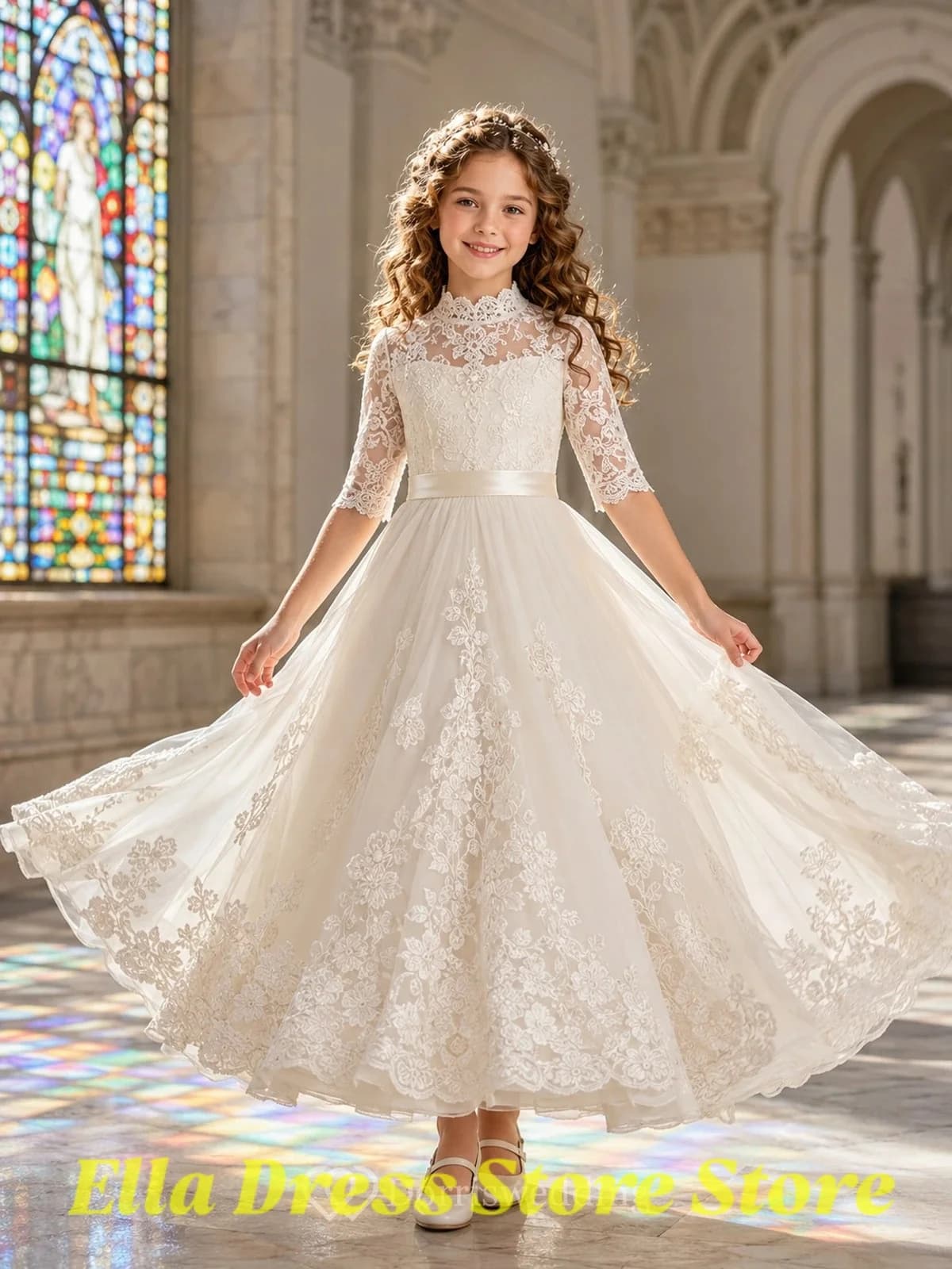 Custom Wholesale Flower Girl Dress Princess Lace Long Sleeve Backless Sacred Wedding First Communion Dress Party Pageant Dress