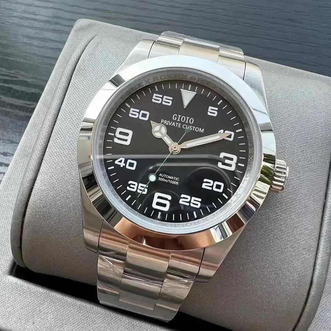 Orologio automatico da uomo di lusso, meccanico, con bracciale in acciaio inossidabile, stile Airking, quadrante con numeri oro, nero e bianco