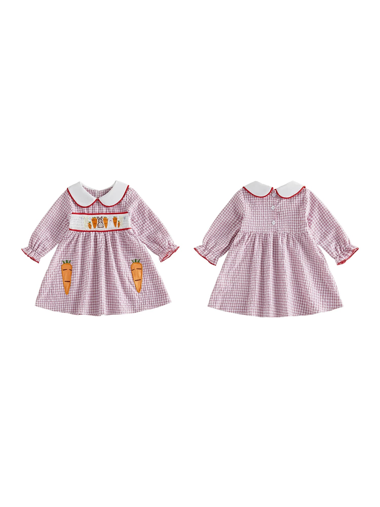 Abito scozzese ricamato coniglietto pasquale per bambine con colletto per bambola e silhouette a trapezio a maniche lunghe e adorabile coniglio