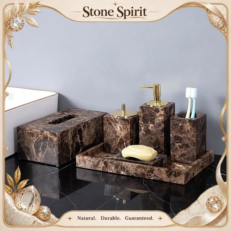 【Natural】Emperador Dark Natural Marble Bathroom Set Brown Luxury Toothbrush Holder Soap Dish Soap Dispenser Bathroom Accessories