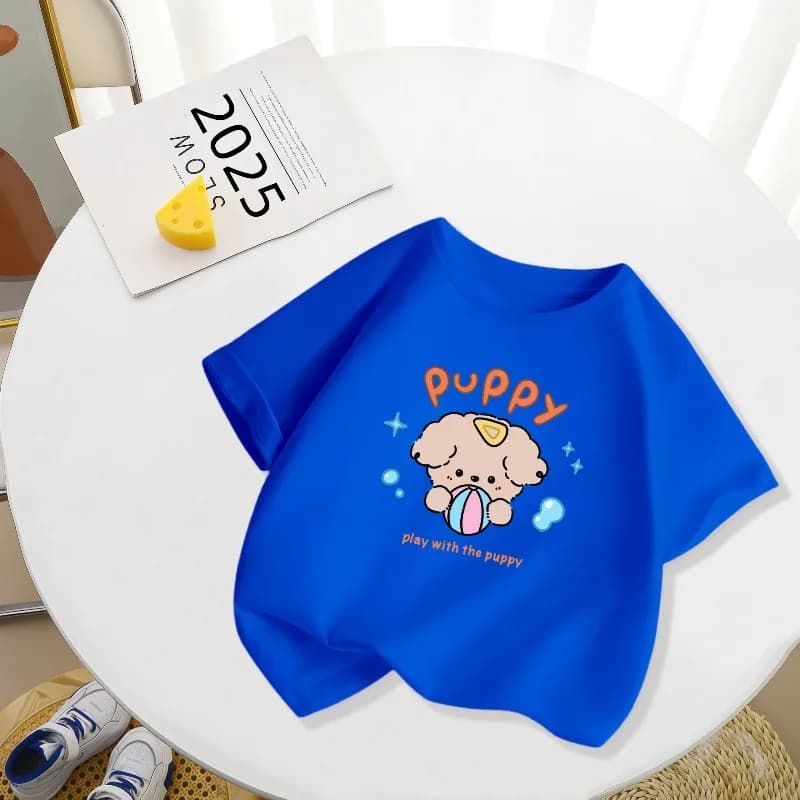 Ball Carrying Puppy Printed Children's T-shirt New Personalized Parent-child Outfit Casual Round Neck Daily T-shirt Fashionable