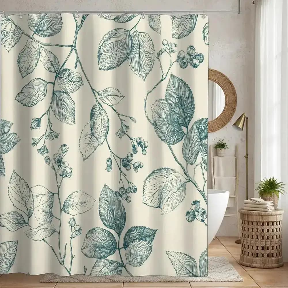 Tenda da doccia con foglie e ramo blu-verde, tessuto in poliestere, lavabile in lavatrice, con ganci, adatta per l'arredamento del bagno.