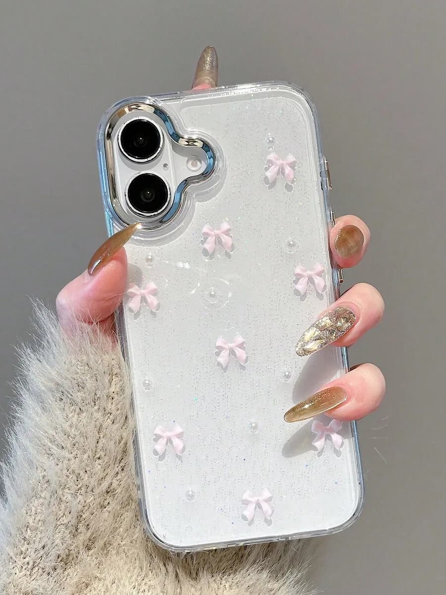 Transparent TPU Phone Case With 3D Bow Knots Glitter Epoxy Resin Full Coverage For iPhone 15 14 13 12 11 Pro Max