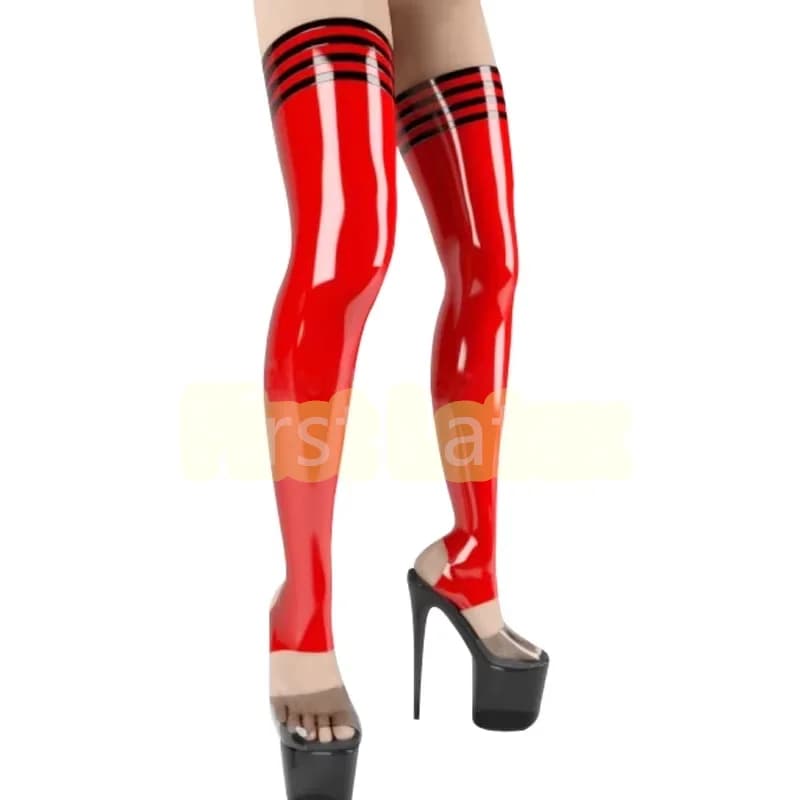 Calze unisex lunghe sexy in lattice alte fatte a mano con 4 finiture nere Calzini con staffa fetish in gomma rossa per abbigliamento da donna