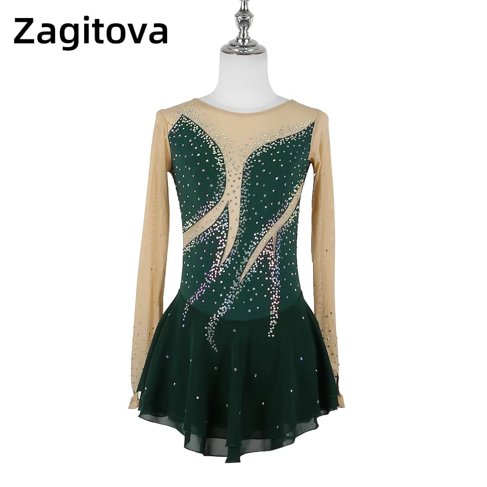 Zagitova Abito da pattinaggio di figura Donna Ragazza Gonna da pattinaggio su ghiaccio Maniche lunghe Ginnastica Concorso Gonna a rete con diamanti Acrobazie