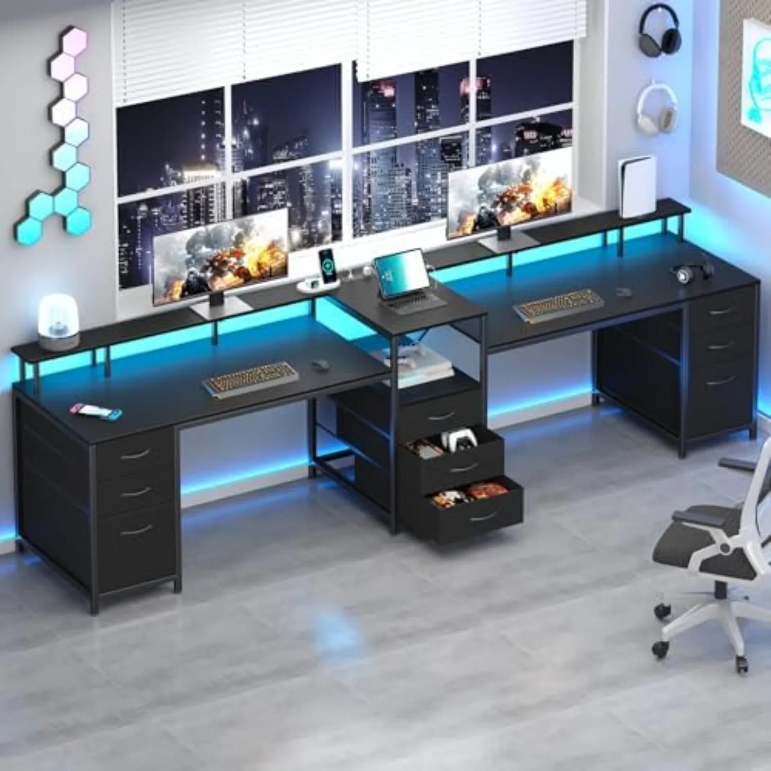 98 Inch 2 Person Desk with 9 Drawers and Outlets for Home Office ＆ Gaming | 2 Person Workstation with Storage, Double