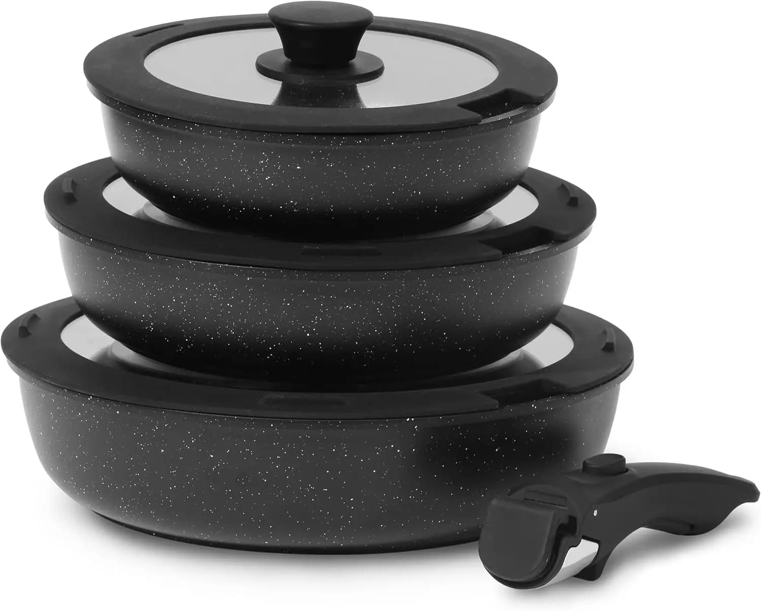 Ceramic Tiles Set with Covers, Stackable Handle, PTFE and PFOA, Black, 7 Pieces