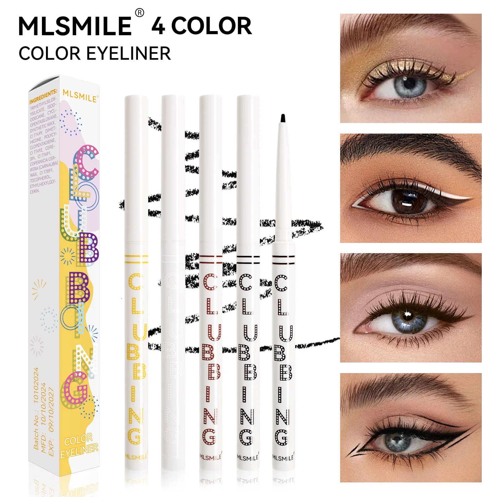 MLSMILE 4pcs/set Gel Eyeliner Pencil Waterproof Long Lasting Smudge Proof Brown Black White Liner Pen Quick Eye Makeup Cosmetic