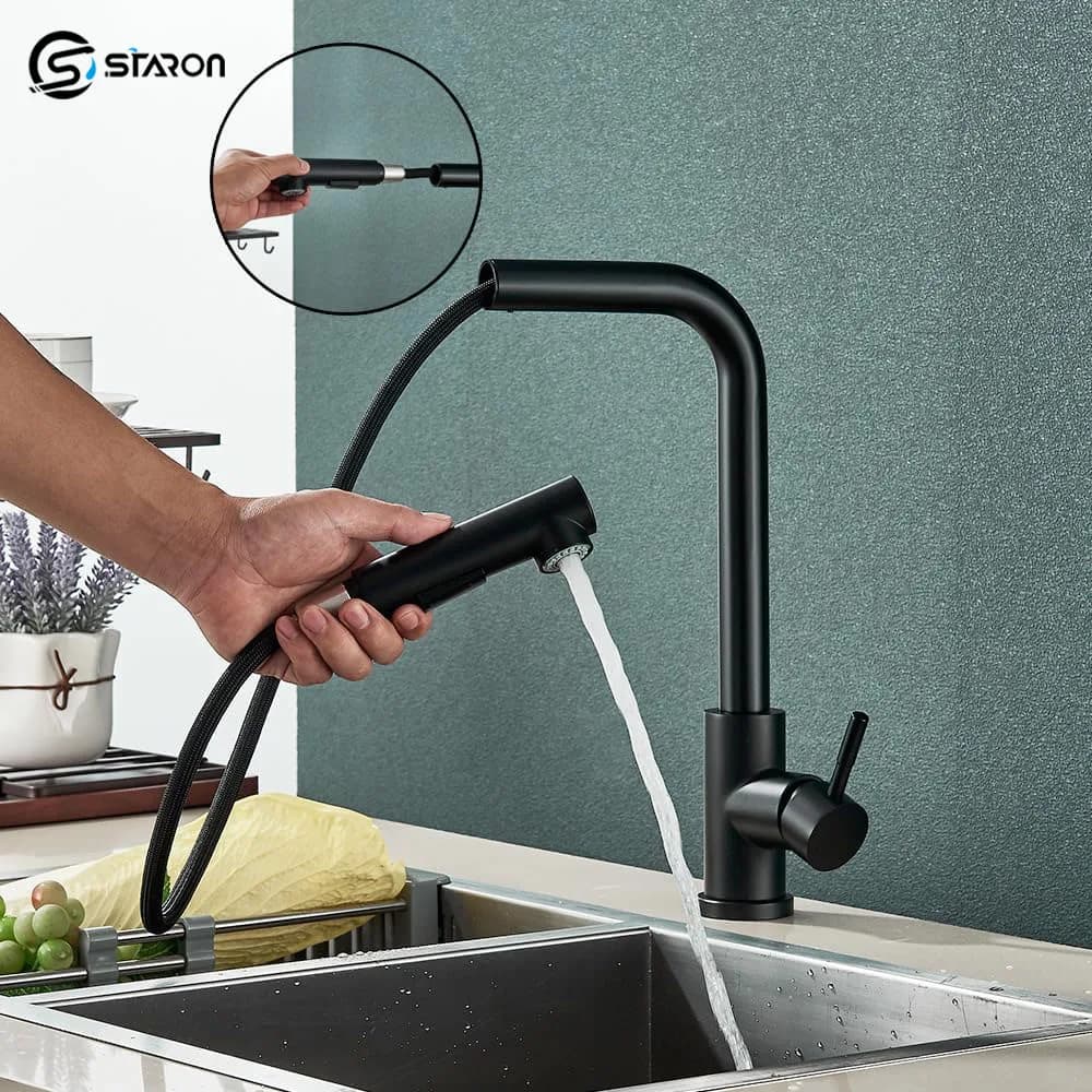 STARON Rubinetto da Cucina Estraibile Nero con Due Modalità di Getto e Spruzzatore, Miscelatore Acqua Calda e Fredda in Acciaio Inossidabile
