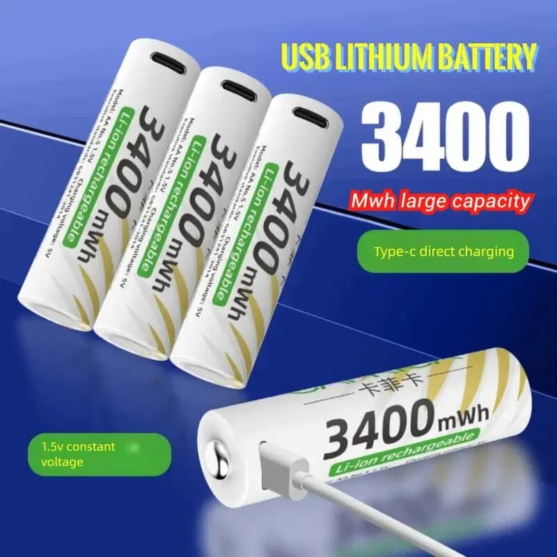 Set di batterie al litio ricaricabili 1.5V AA 3400mWh + AAA 800mWh con cavo USB-C per ricarica rapida di tipo C, trasporto aereo