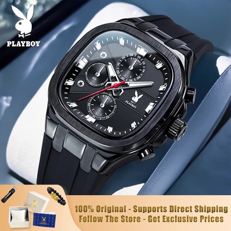 PLAYBOY 3076 Orologi originali di marca autentici per uomo, confezione regalo di lusso, cinturino in silicone, orologio quadrato, orologio da uomo al quarzo