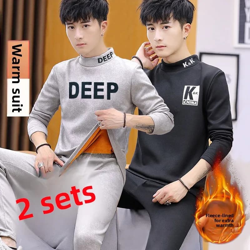 Men's Thermal Underwear Set Thickened Fleece Heating Home Clothes Winter Sleepwear Long Sleeve Pants Youth Polyester Fabric