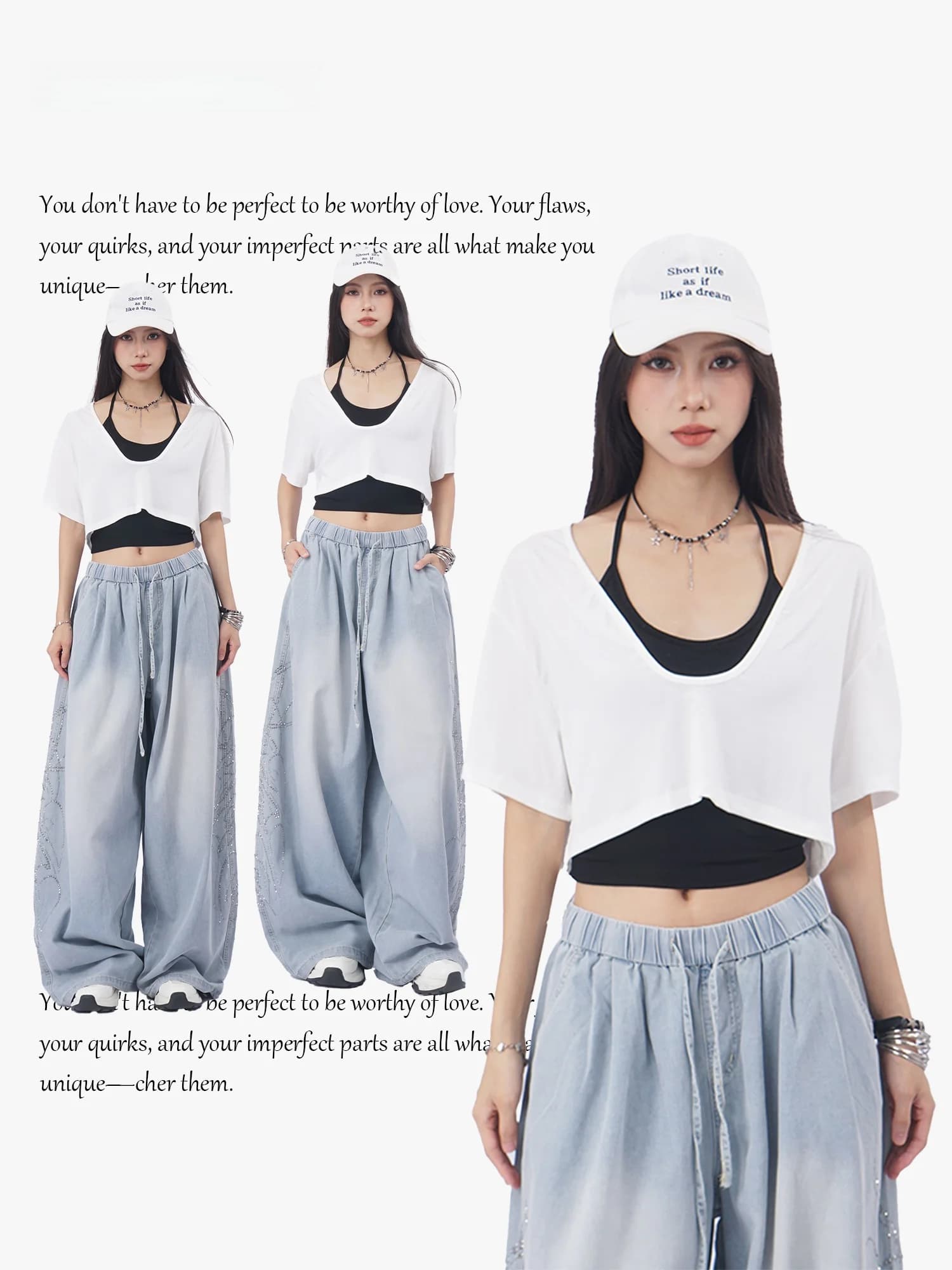 Oldwater Short Sleeve Cover up Loose Shoulder Thin Style Hip Hop Jazz Spicy Girl Layering Belly Show T-Shirt Women's Casual Wear