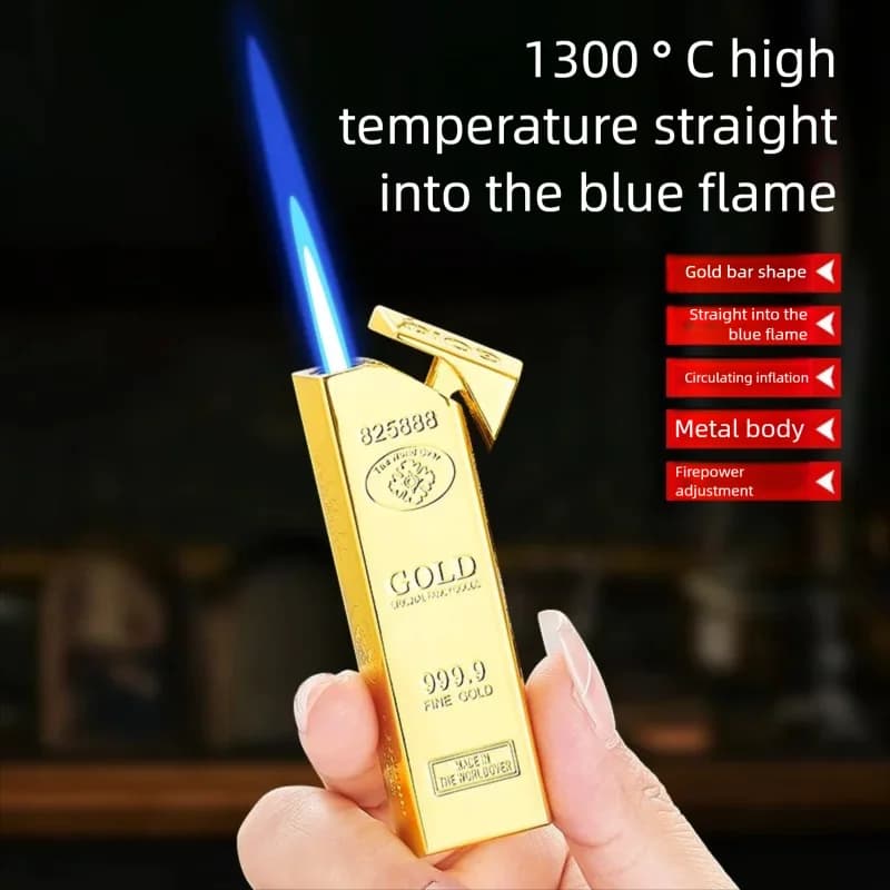 Nuovo accendino butano a forma di barra d'oro con fiamma blu jet, regolazione della potenza antincendio ad alta temperatura, corpo in metallo, accendisigari antivento