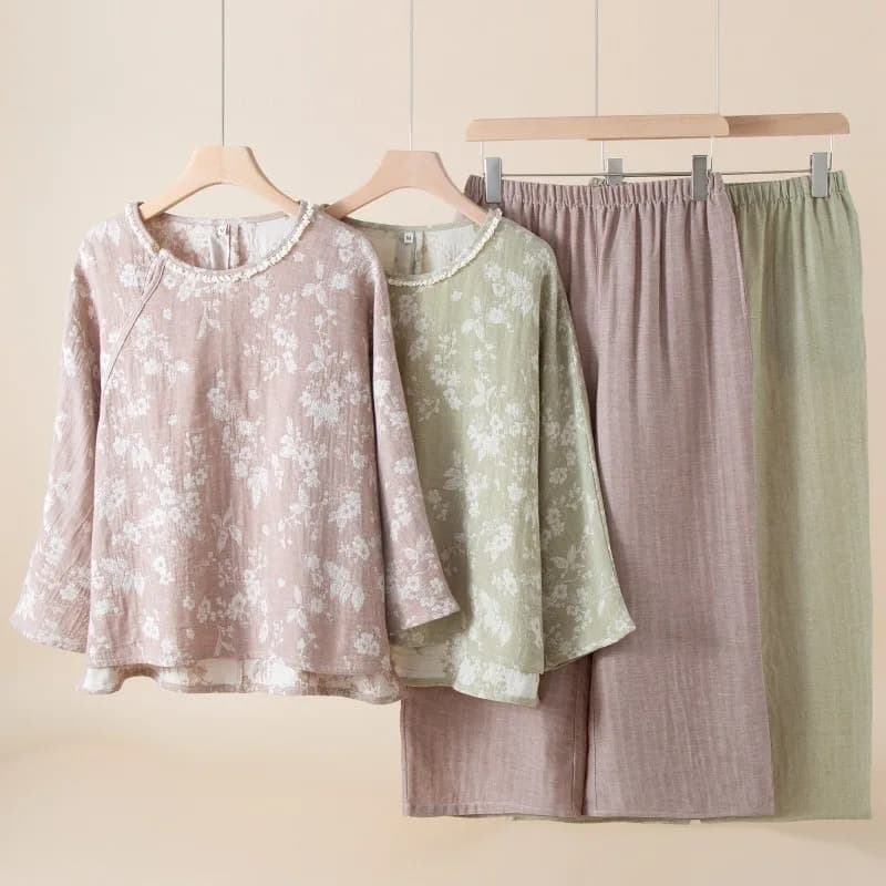 2025 Color-woven Jacquard Cotton and Linen Women's Loungewear National Style Retro Pajamas Autumn Thin Lace Crewneck Nightwears