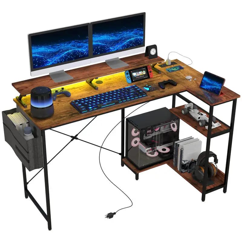 HOMCOM Scrivania a L Reversibile da 147 cm, Scrivania Angolare con Supporto Monitor, Prese di Corrente e Luci LED, Marrone Rustico