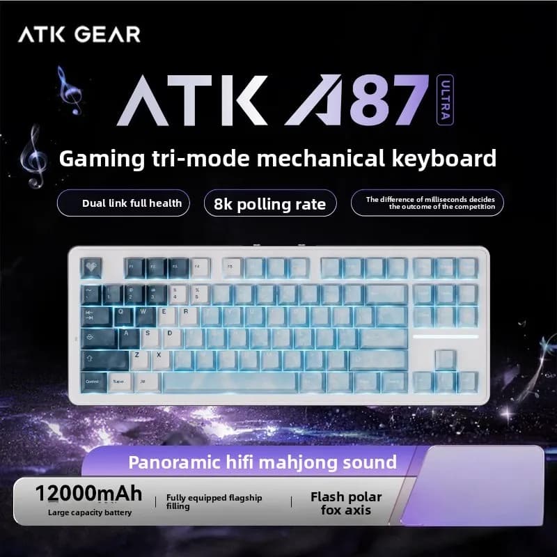 ATK A87/ A87Ultra Tri‑Mode Mechanical Keyboard,87‑Keys 12000mAh 0.1ms Latency Gasket HIFI Mahjong Sound RGB Gaming Keyboard