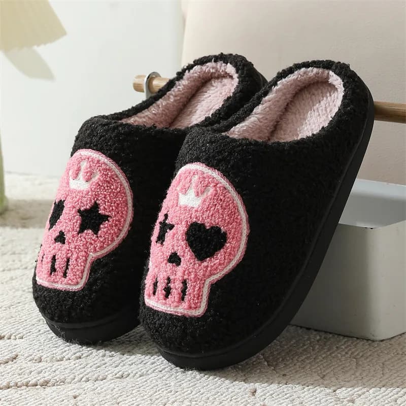Coupled Slippers with Embroidery Teschio pink punk for women Slippers in non-slip plush with flat heel winter comfort 2025