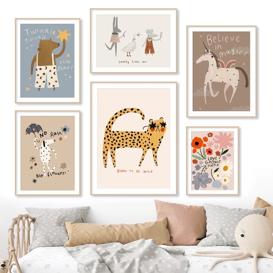 Cartoon Mouse Cheetah Rabbit Bear Unicorn Wall Art Canvas Painting Nordic Posters And Prints Wall Pictures Baby Kids Room Dec