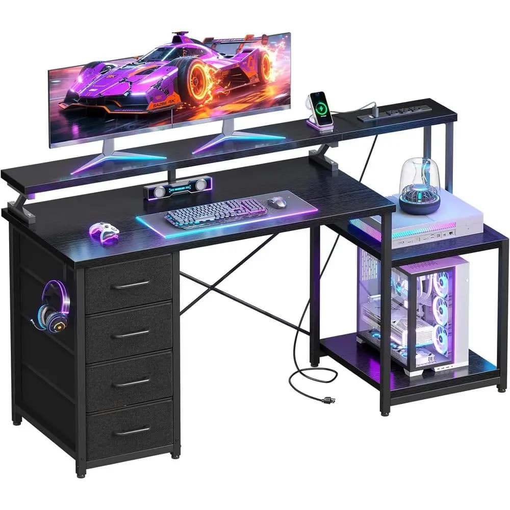 55 inch computer gaming desk, power outlets and 4 drawers, home office desk, monitor and printer shelves, black