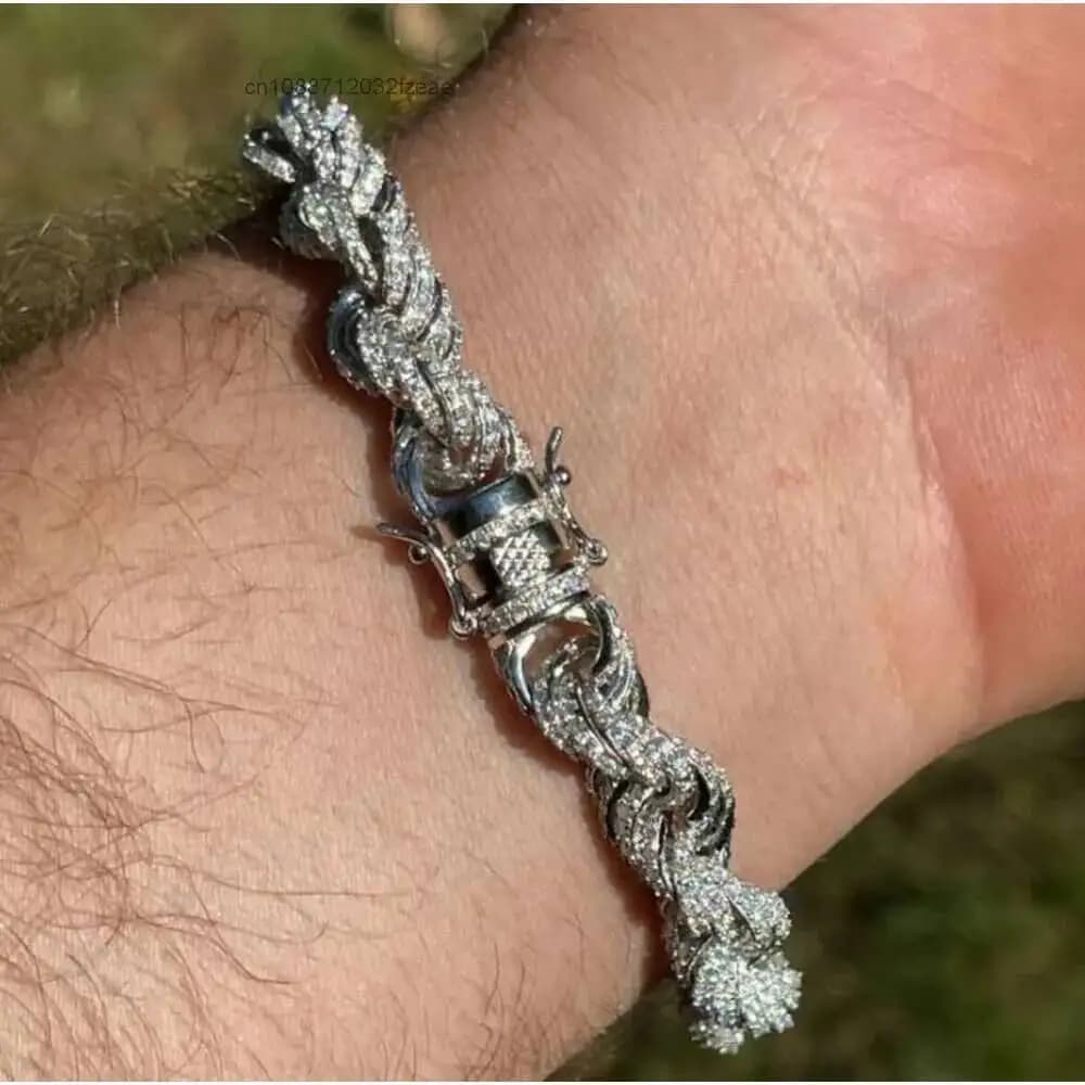 Luxury Mens Cuban Style Bracelet Hip Hop 925 Sterling Silver Lab Diamond Cluster Moissanite Cuban Chain Bracelet.