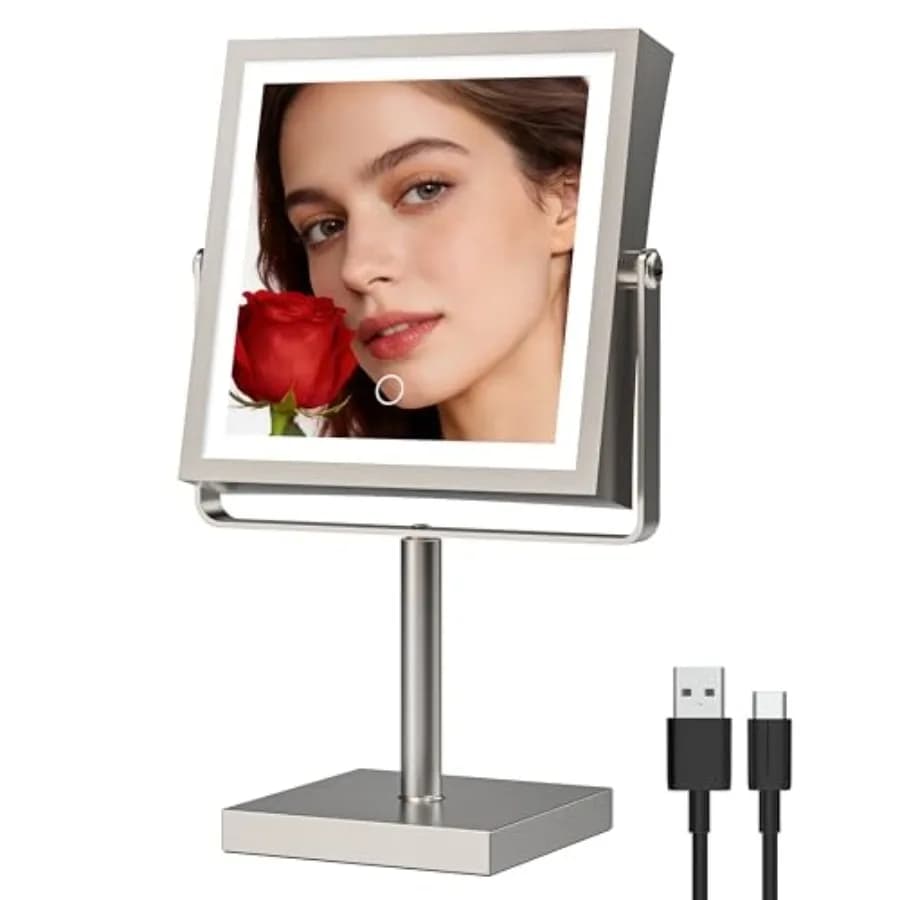 Specchio per il Trucco con Luci, Ricaricabile 4000mAh, Ingrandimento 1X/10X, Regolabile in Altezza, Specchio da Bagno con 3 Colori di Illuminazione