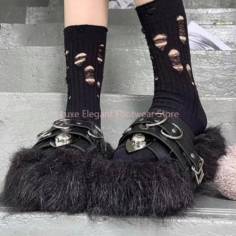 Peep Toe Black slippers with Plateau and Buckle, Women's Peep Toe, with Rialzo, Leather, Slip-On, Punk Sandals
