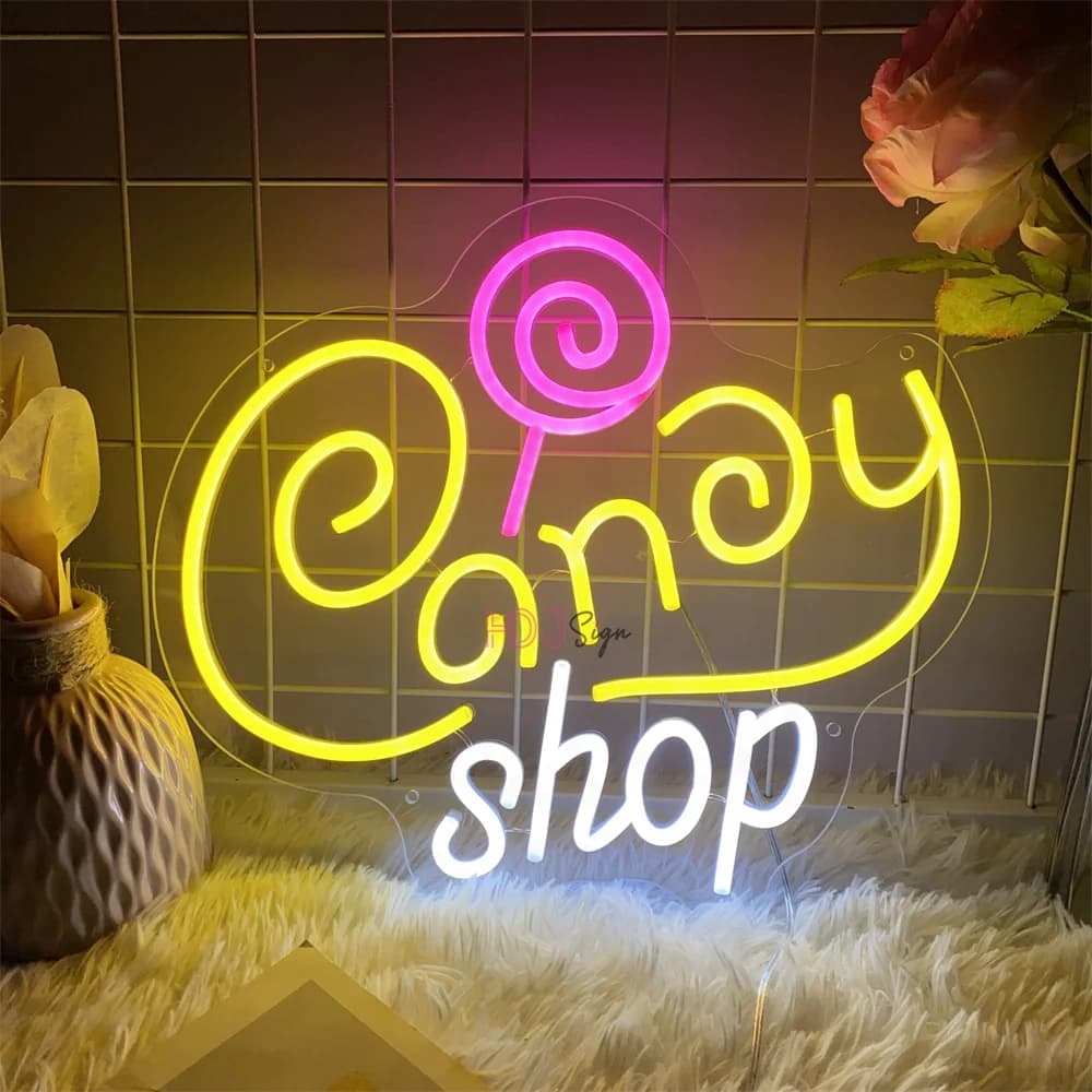 Candy Custom Neon Led Sign Appeso a parete Room Decor Luci notturne a Led per negozio di caramelle Decorazione per feste Luci al neon LED USB