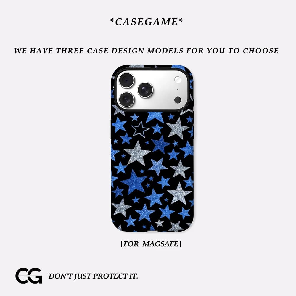 Casegame Cover Opaca Antiurto per iPhone 17 16 15 14 Plus 13 Pro Max con Bumper per MagSafe, in PC Rigido, Glitter Blu Stellato