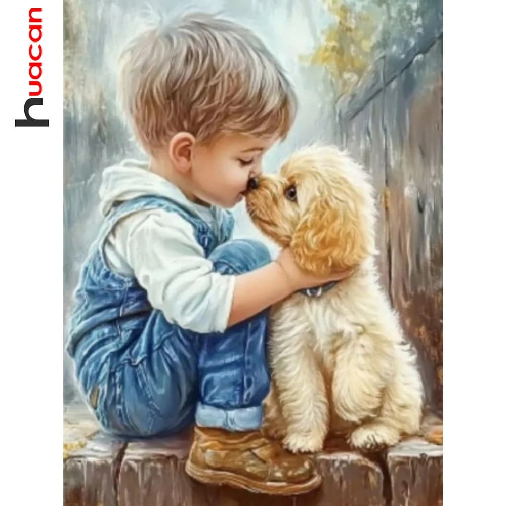Huacan Pittura Diamante 5D Ragazzo Cane Mosaico Fai da Te Ritratto Pieno Rotondo Trapano Quadrato Ricamo Animale Artigianato Decorazione Della Parete