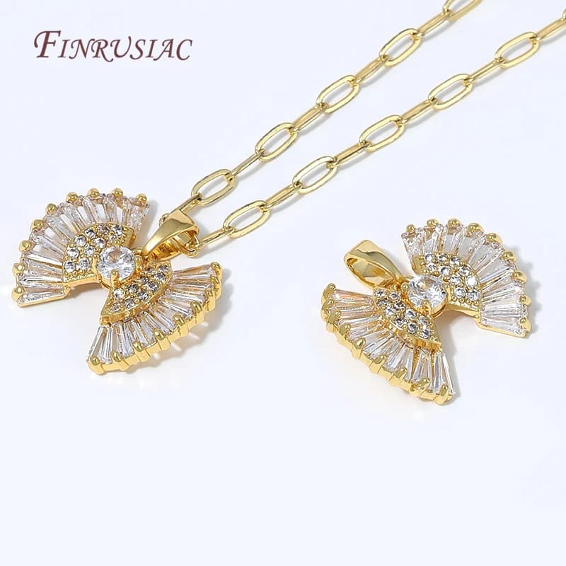 18K Gold Plated Fan Shape Pendant with Baguette CZ,Bow Cubic Zirconia Charm For DIY Necklace Jewelry Making Supplies Accessories
