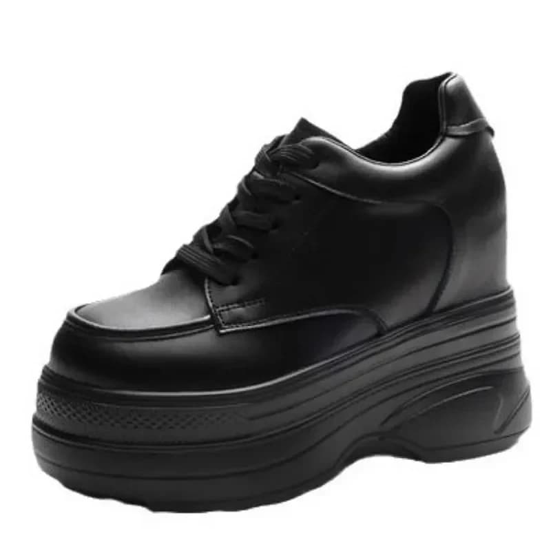New Women Sneakers Genuine Leather Casual Platform Trainers Black Shoe 11CM Heels Autumn Wedges Woman Height Increasing Shoes