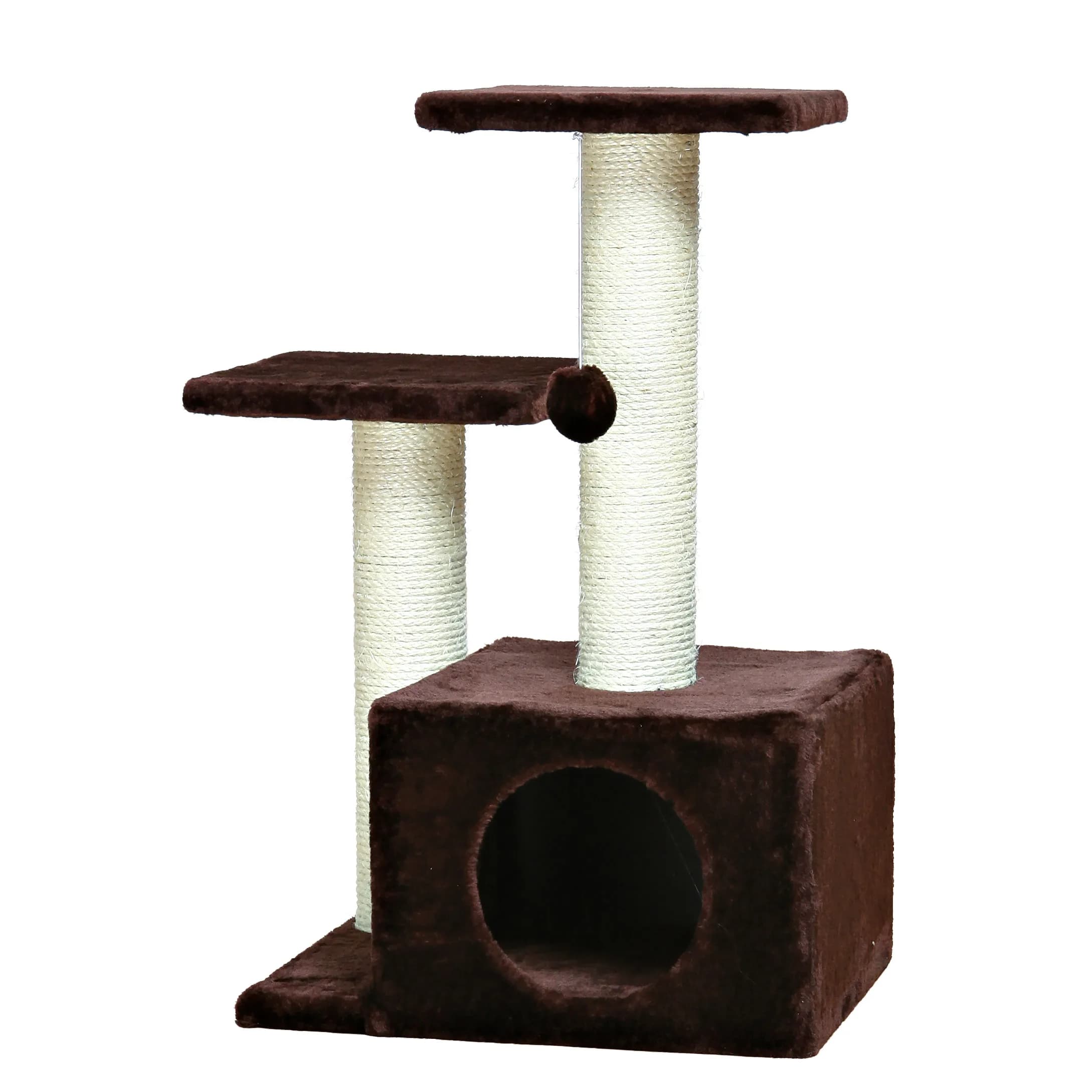 Plush and sisal three-level cat tree with scratching posts and condo height 28 inches brown finish
