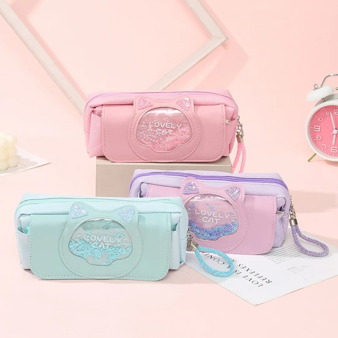 Creative Sandcat Canvas Pencil Case Cute Cat Stationery Box Three-Layer Student Pen Bag K'CJ Flowing Sand Cat Supplies