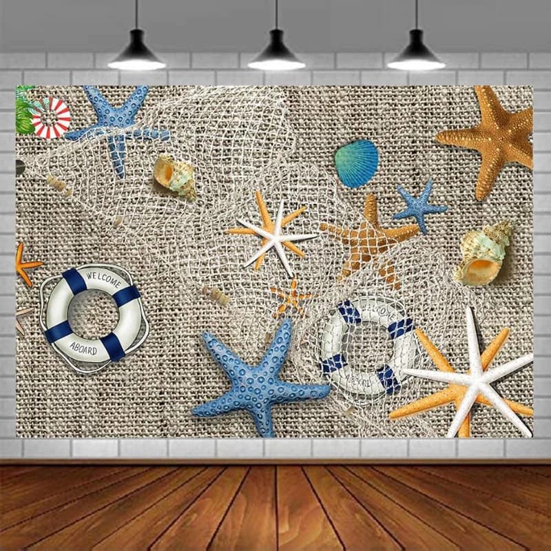 Fishing Net Photography Backdrop Beach Seaside Nautical Ahoy Baby Shower Background Starfish Shell Lifebuoy Hawaii Vacation