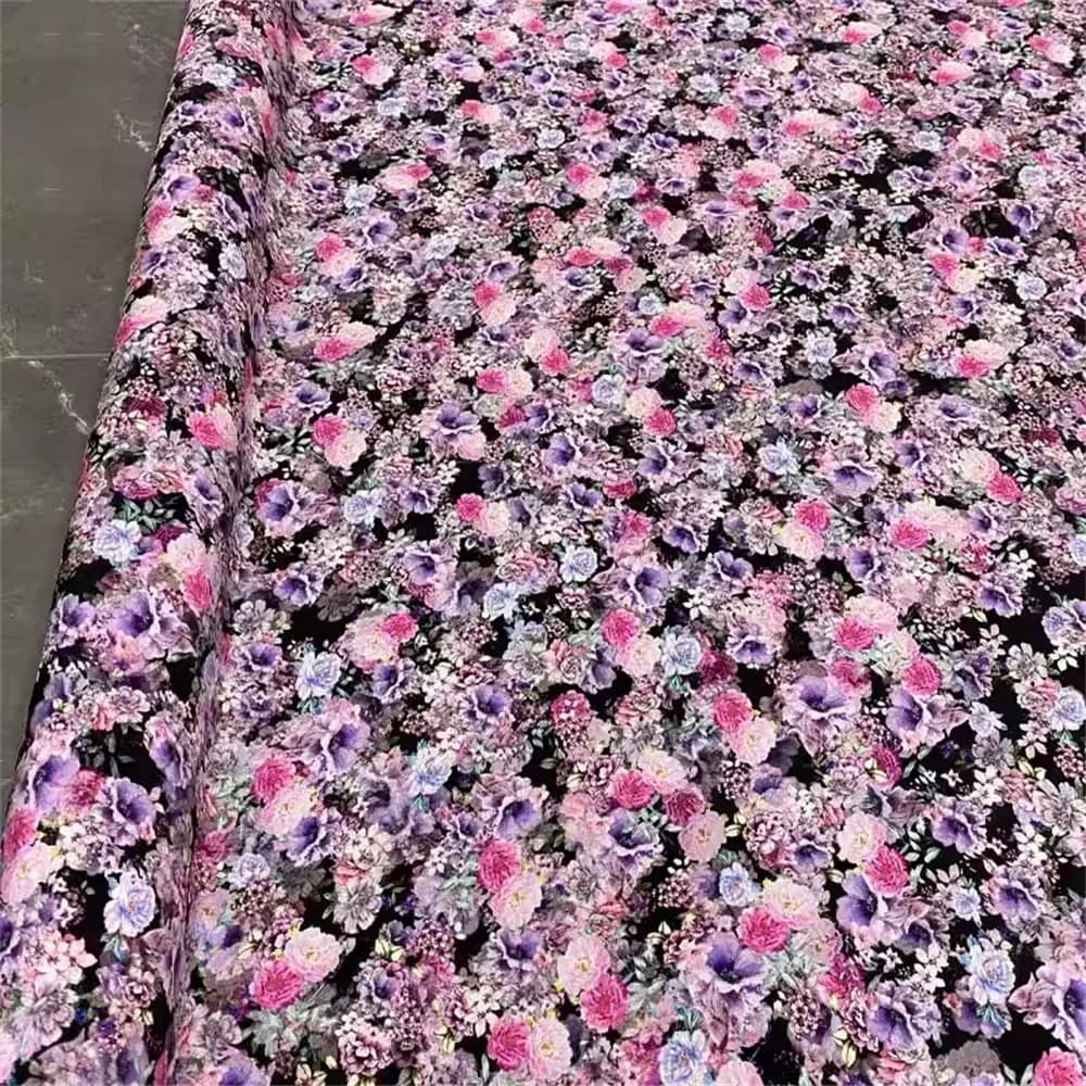 Fashion Double Crepe Mulberry Fabric Lilac Floral Pattern Wide Wrinkle Anti Hook Silk Designer Brand Dress Cloth Sewing Fabric