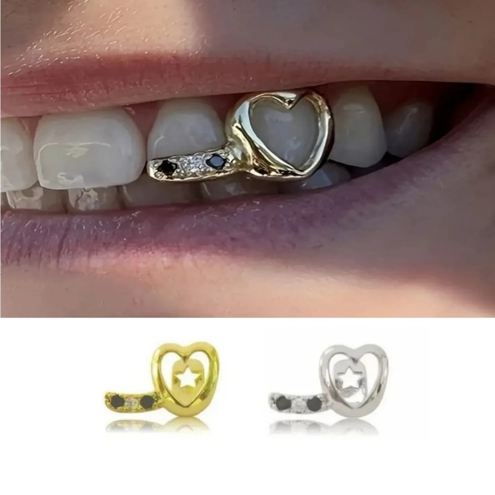Grillz Unisex con Cuore Traforato e Barra Orizzontale, Gioiello Dentale con Zirconi per Donne e Uomini